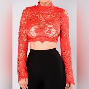 Crochet top red long sleeves